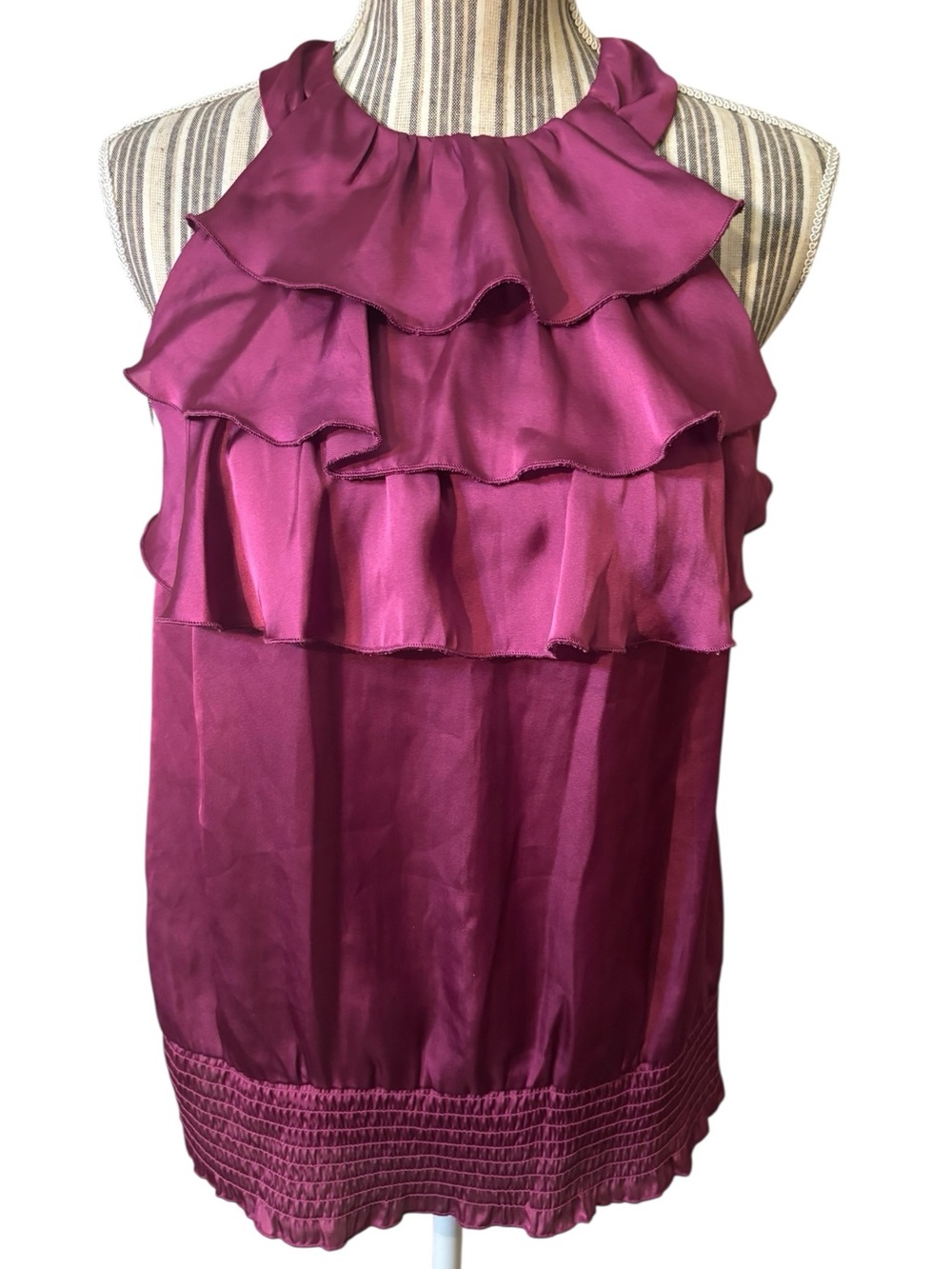 Apt. 9 Blouse Medium Magenta Ruffle Halter Top Satin Sleeveless Smocked Waist